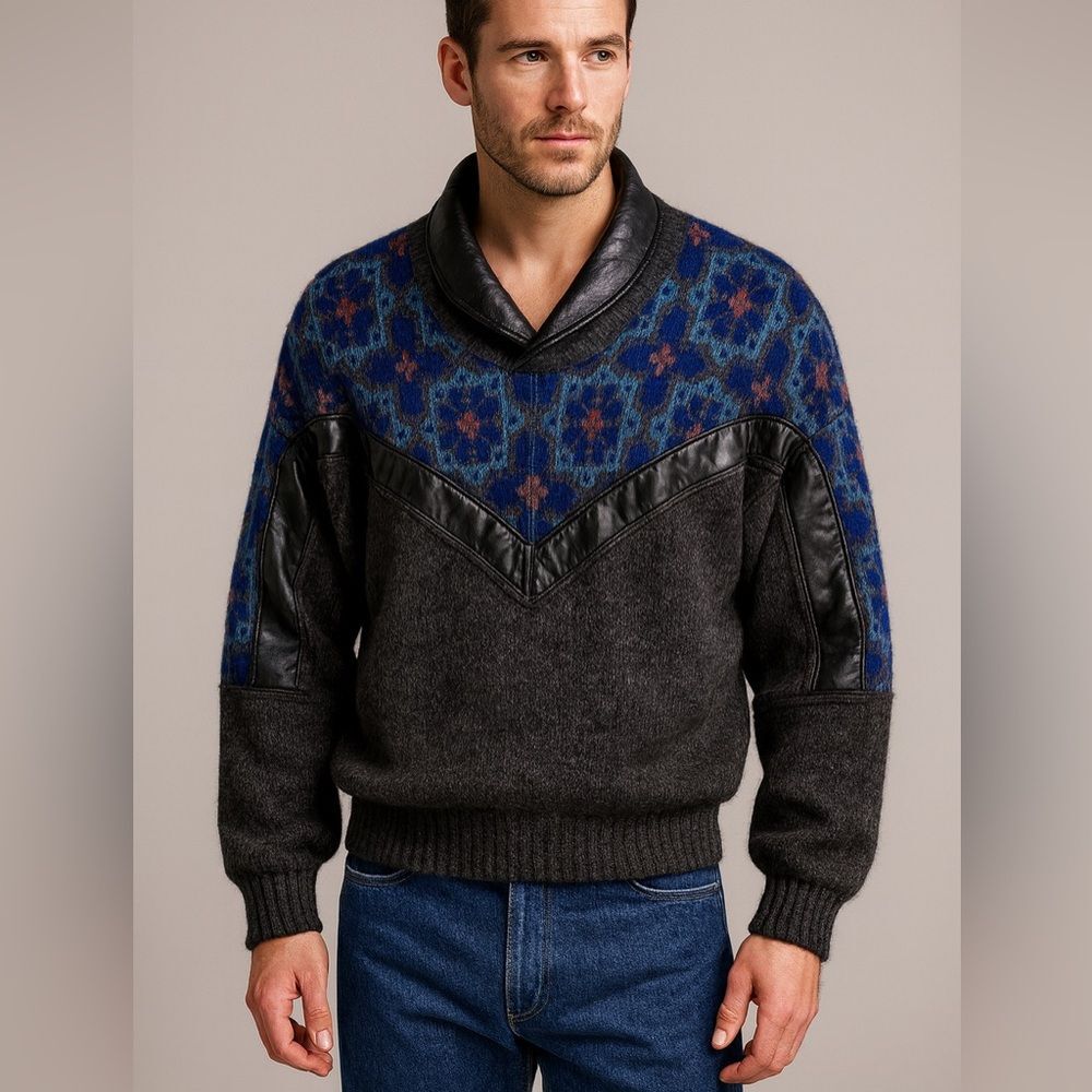 SAXONY Sweater w/ Genuine Leather Trim – Vintage Rare Medium Black